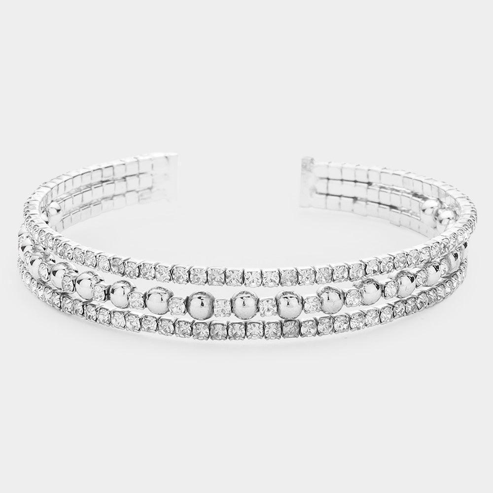 Silver Metal Ball Pointed Rhinestone Cuff Evening Bracelet - Jewelry Store by Erik Rayo