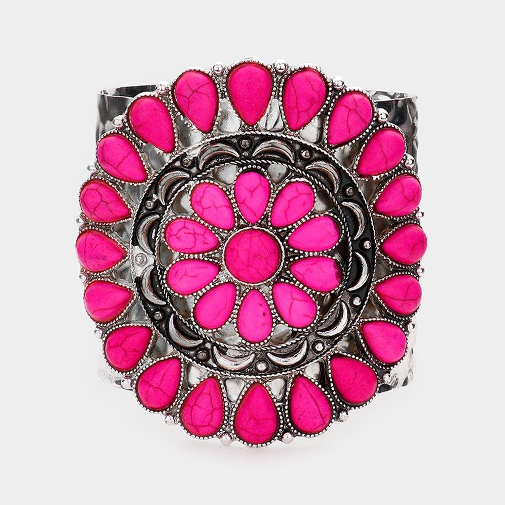 Fuchsia Natural Stone Embellished Squash Blossom Cuff Bracelet - Jewelry Store by Erik Rayo