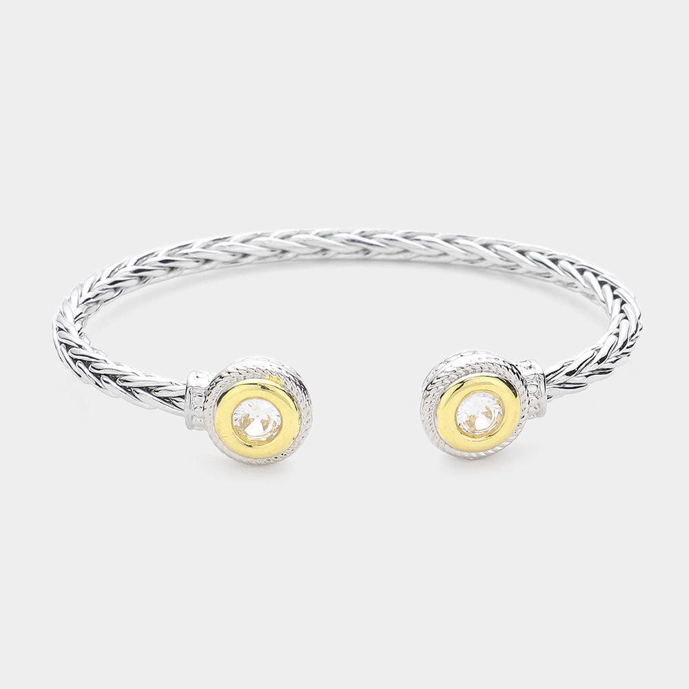 Round CZ Stone Tip Two Tone Braided Metal Cuff Bracelet