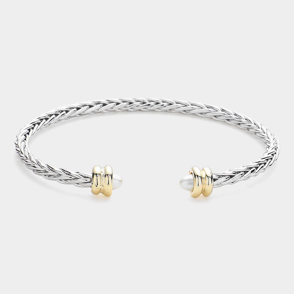 Pearl Tip Two Tone Textured Metal Cuff Bracelet