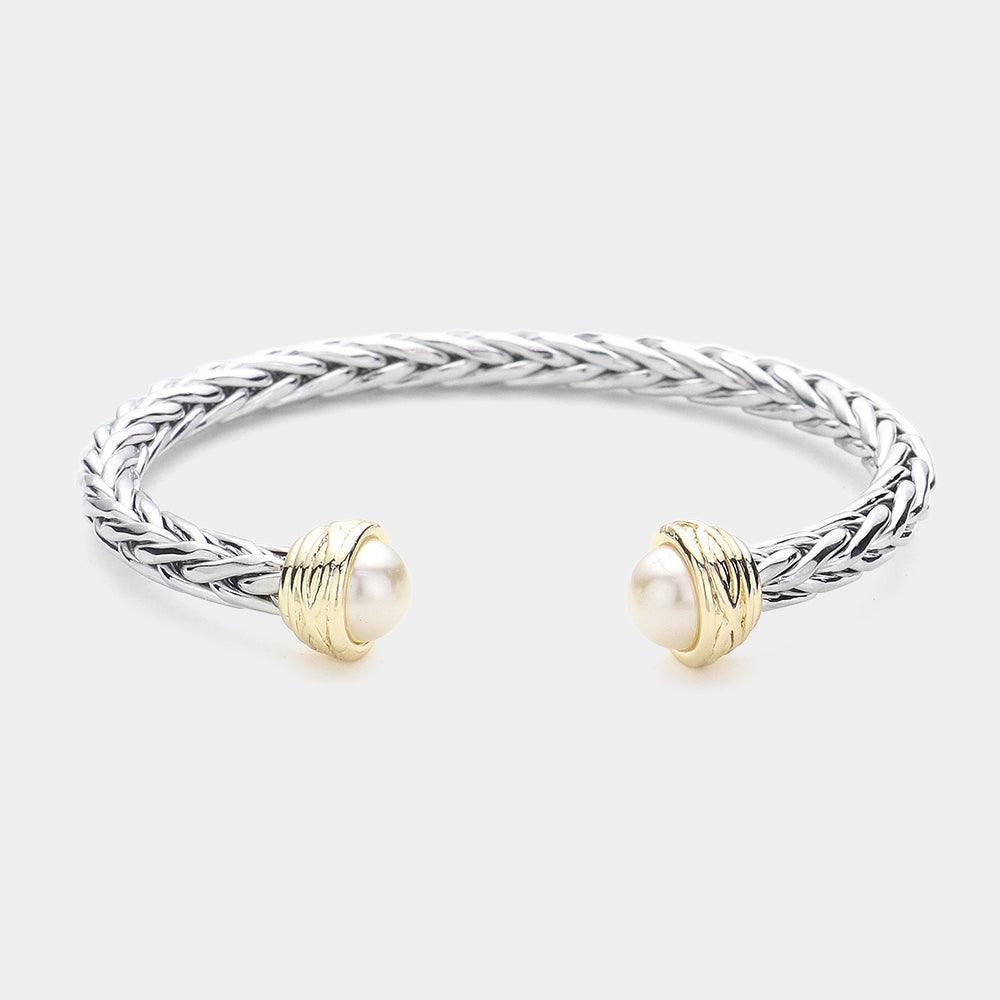 Cream Pearl Tip Two Tone Braided Metal Cuff Bracelet - Jewelry Store by Erik Rayo