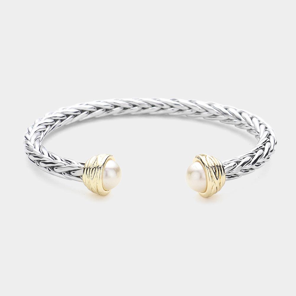 Cream Pearl Tip Two Tone Braided Metal Cuff Bracelet