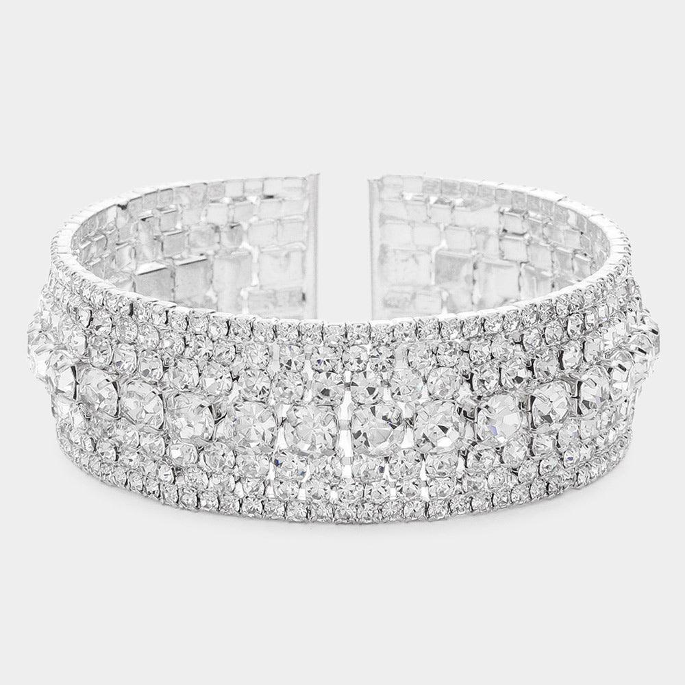 Silver Rhinestone Accented Cuff Evening Bracelet