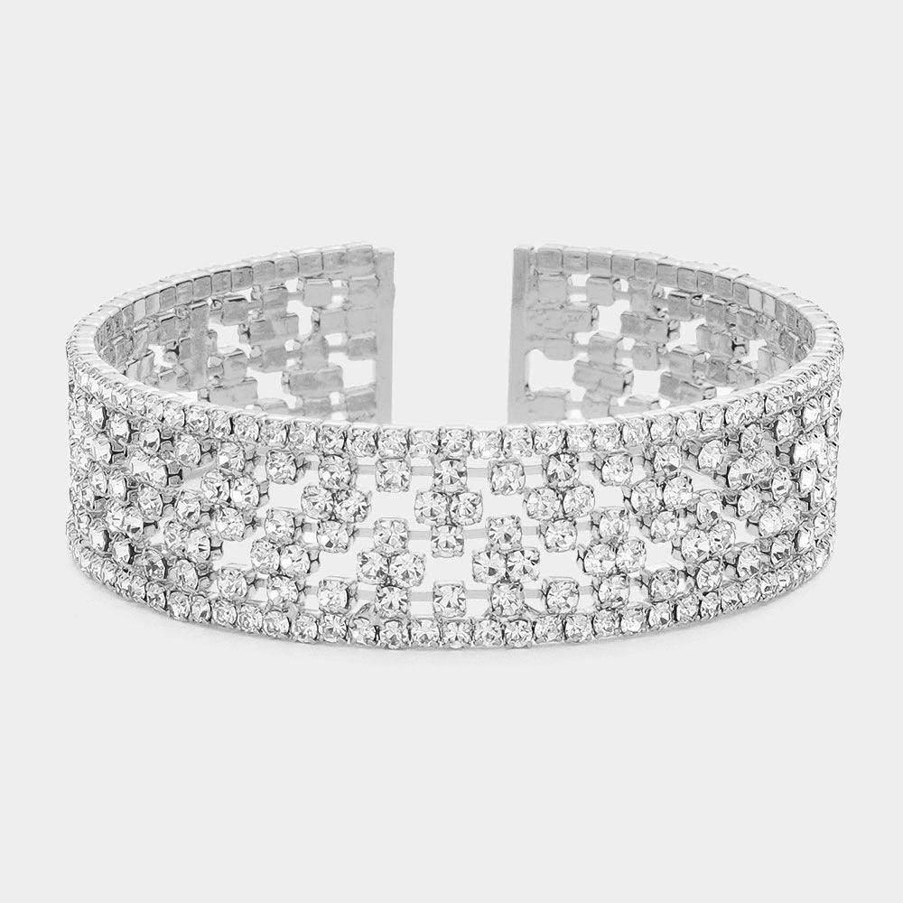 Silver Rhinestone Embellished Evening Cuff Bracelet