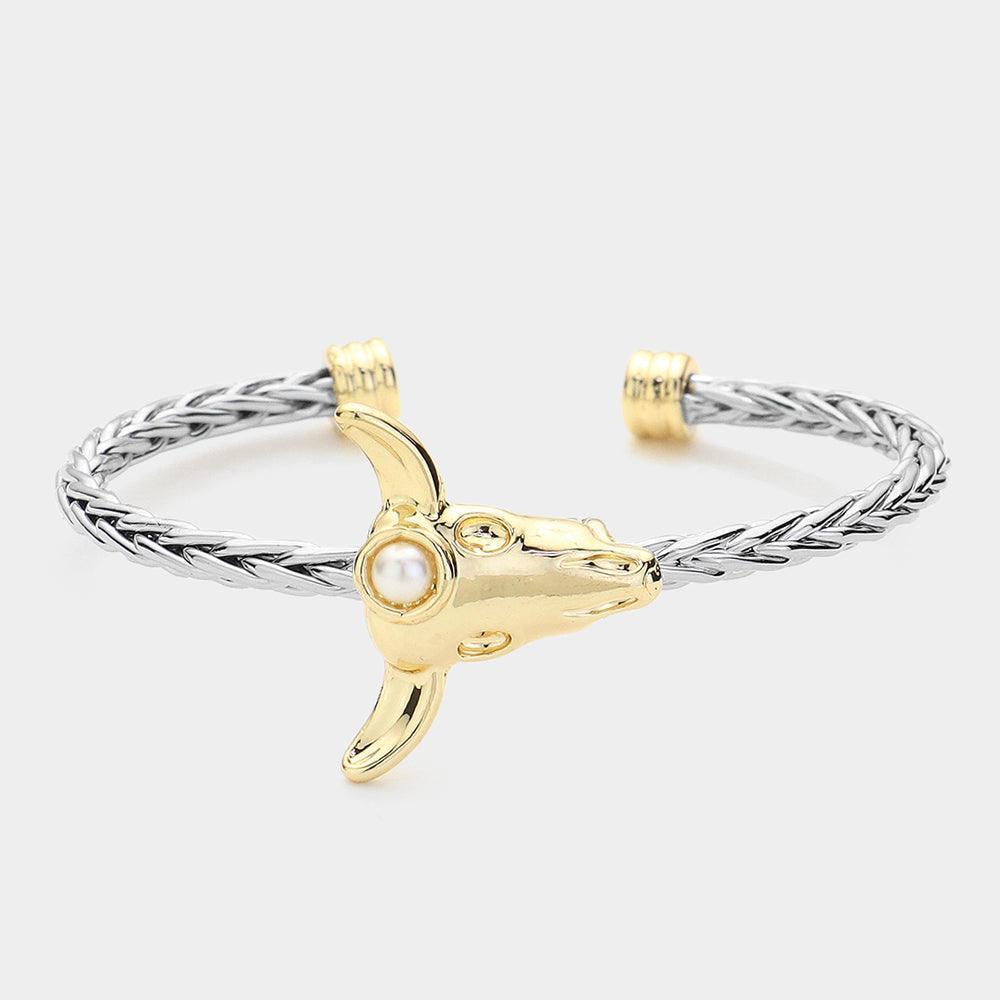Cream Natural Stone Pointed Bull Head Cuff Bracelet - Jewelry Store by Erik Rayo