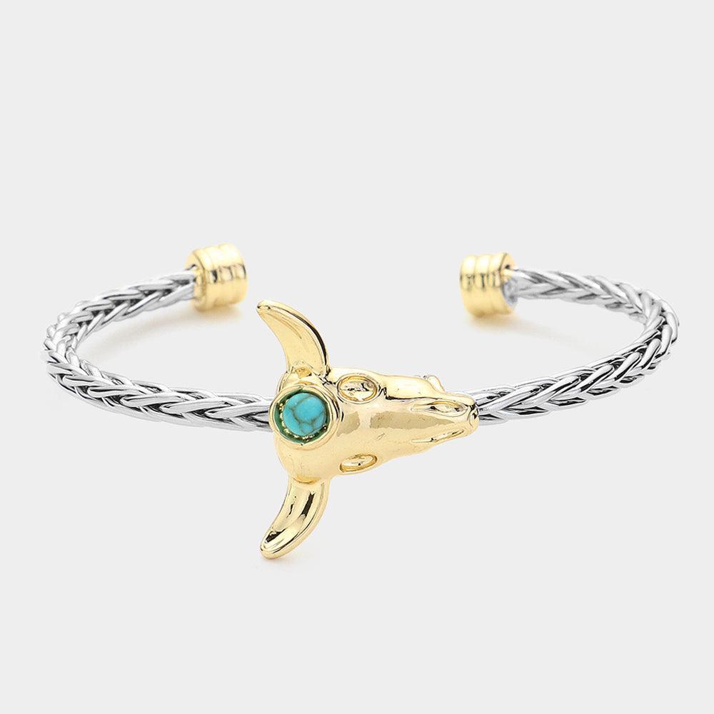 Turquoise Natural Stone Pointed Bull Head Cuff Bracelet