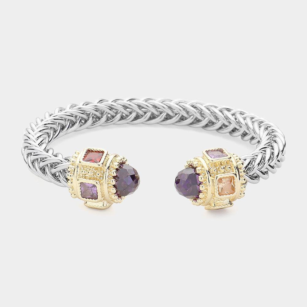 Amethyst CZ Stone Tip Textured Metal Cuff Bracelet - Jewelry Store by Erik Rayo