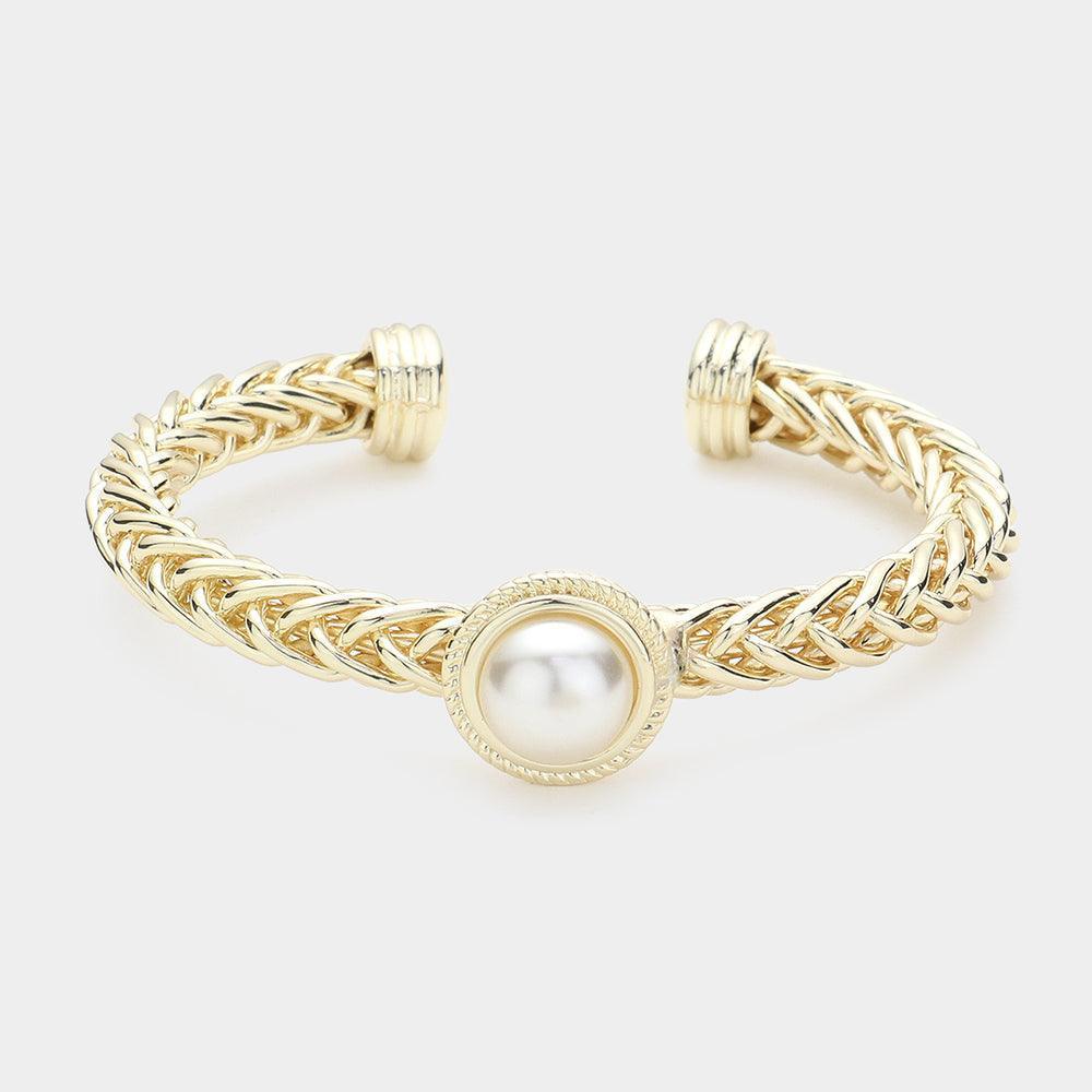 Cream Pearl Pointed Textured Metal Cuff Bracelet - Jewelry Store by Erik Rayo