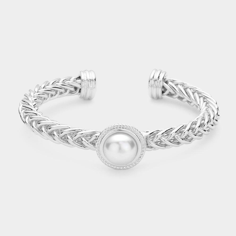 White Pearl Pointed Textured Metal Cuff Bracelet - Jewelry Store by Erik Rayo