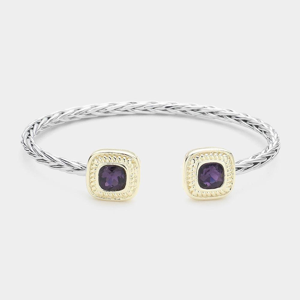 Amethyst 14K Gold Plated Square Stone Tip Braided Two Tone Cuff Bracelet - Jewelry Store by Erik Rayo