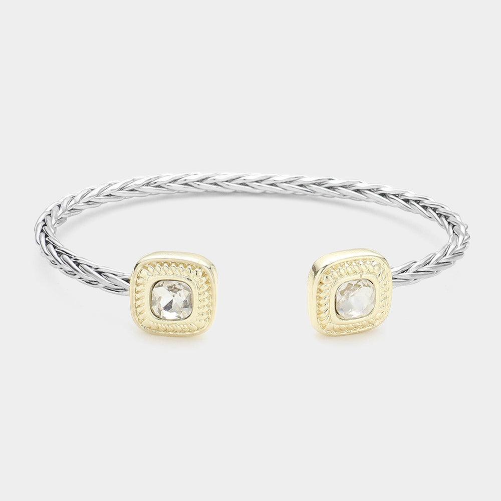 Clear 14K Gold Plated Square Stone Tip Braided Two Tone Cuff Bracelet - Jewelry Store by Erik Rayo
