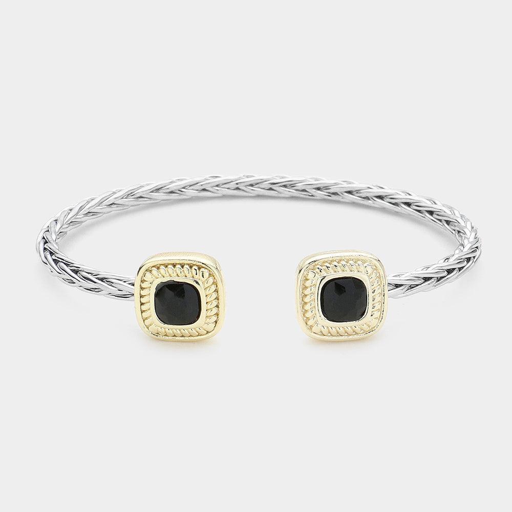 Black 14K Gold Plated Square Stone Tip Braided Two Tone Cuff Bracelet - Jewelry Store by Erik Rayo