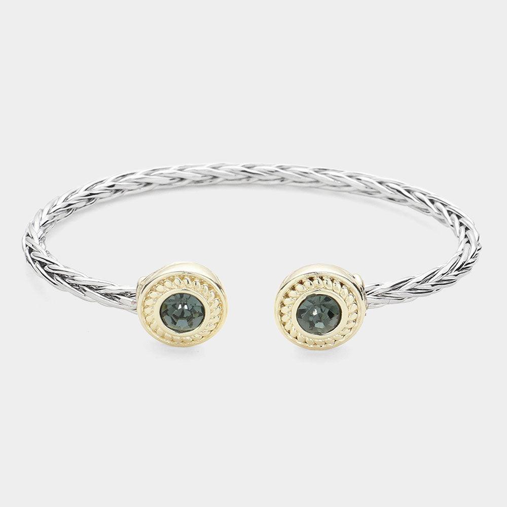 Black 14K Gold Plated Round Stone Tip Braided Two Tone Cuff Bracelet - Jewelry Store by Erik Rayo
