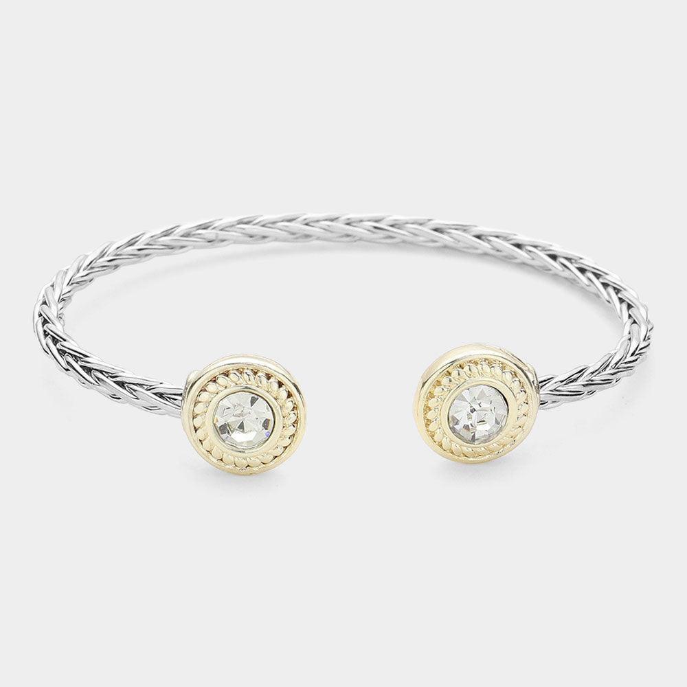 Clear 14K Gold Plated Round Stone Tip Braided Two Tone Cuff Bracelet - Jewelry Store by Erik Rayo
