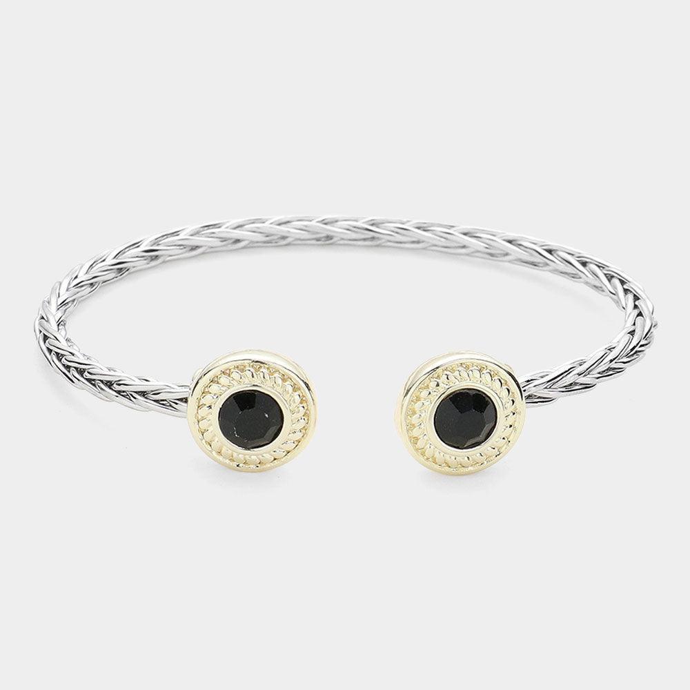 Black 14K Gold Plated Round Stone Tip Braided Two Tone Cuff Bracelet - Jewelry Store by Erik Rayo