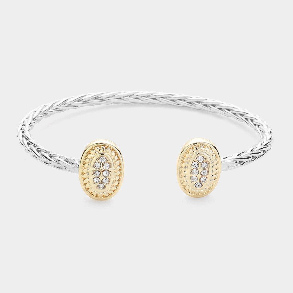 Gold Two Tone Stone Paved Oval Tip Cuff Bracelet