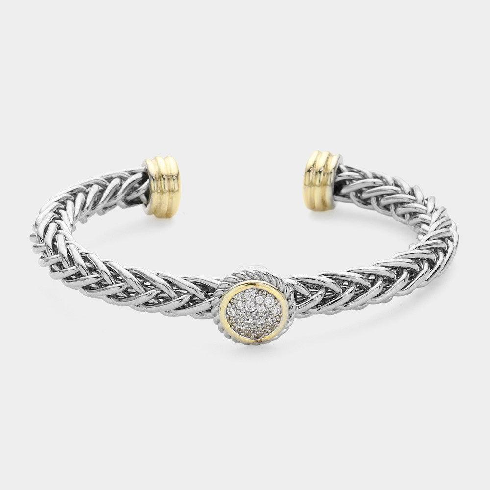 CZ Stone Paved Circle Pendant Pointed Textured Metal Cuff Bracelet - Jewelry Store by Erik Rayo