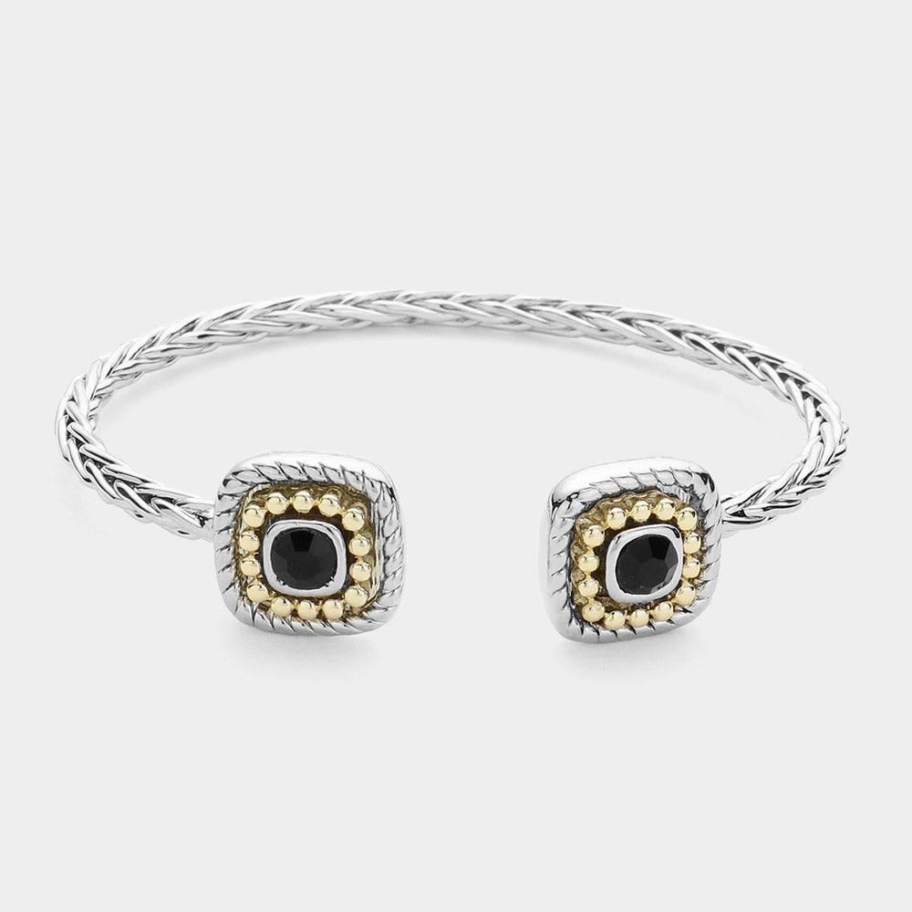 Black Round Stone Paved Square Tip Braided Metal Cuff Bracelet - Jewelry Store by Erik Rayo