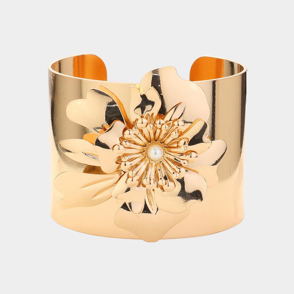 Gold Pearl Pointed Metal Flower Cuff Bracelet