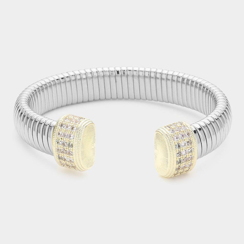 CZ Stone Paved Tip Pointed Two Tone Coil Cuff Bracelet - Jewelry Store by Erik Rayo
