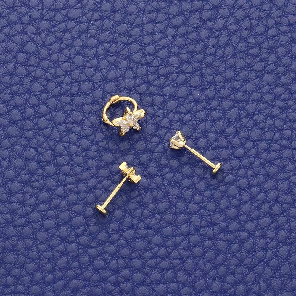 14K Gold Dipped Round Stone Flower 3PCS Ear Piercings - Jewelry Store by Erik Rayo