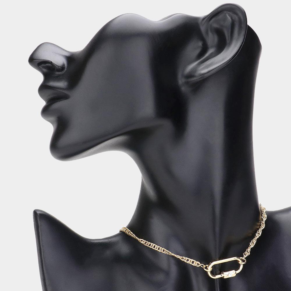 Gold Stone Pointed Carabiner Pendant Choker Necklace