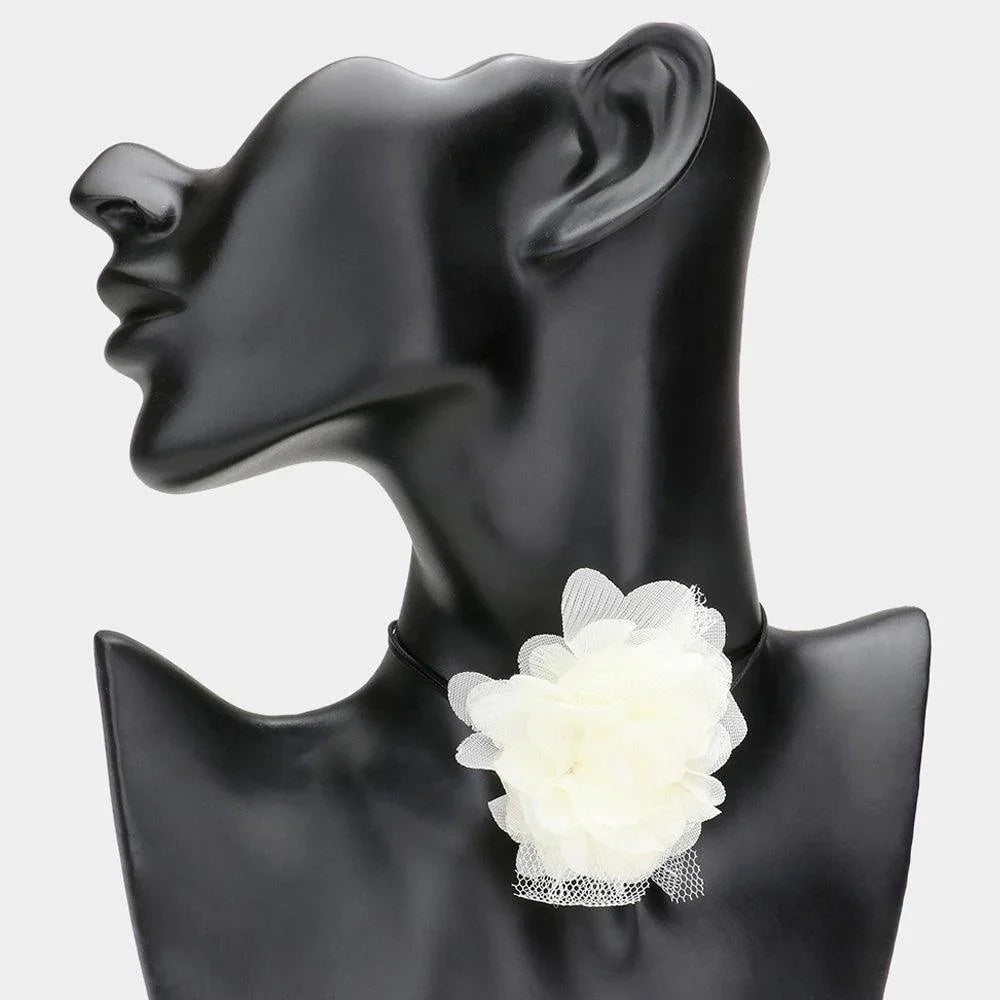 Ivory Mesh Flower Wrapped Choker Necklace - Jewelry Store by Erik Rayo