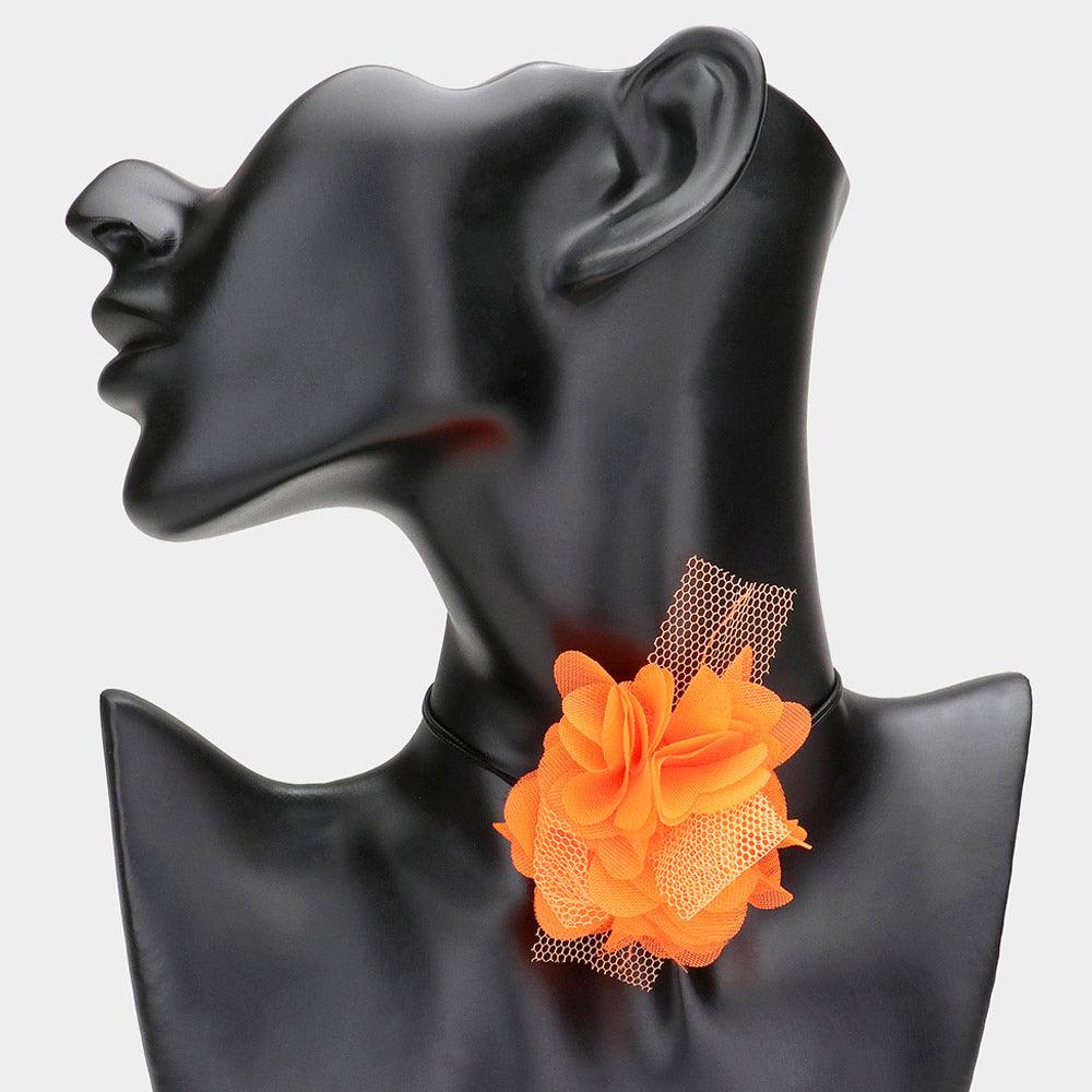 Orange Mesh Flower Wrapped Choker Necklace