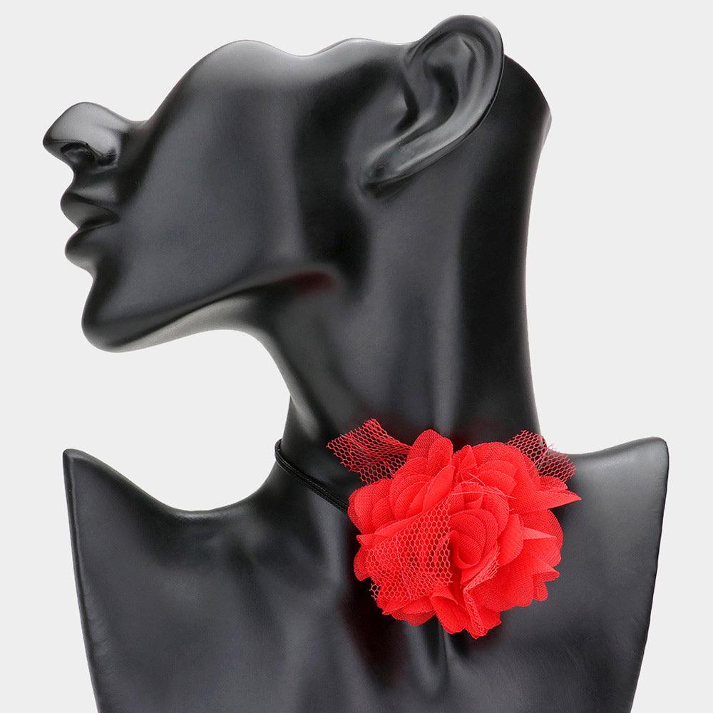 Red Mesh Flower Wrapped Choker Necklace