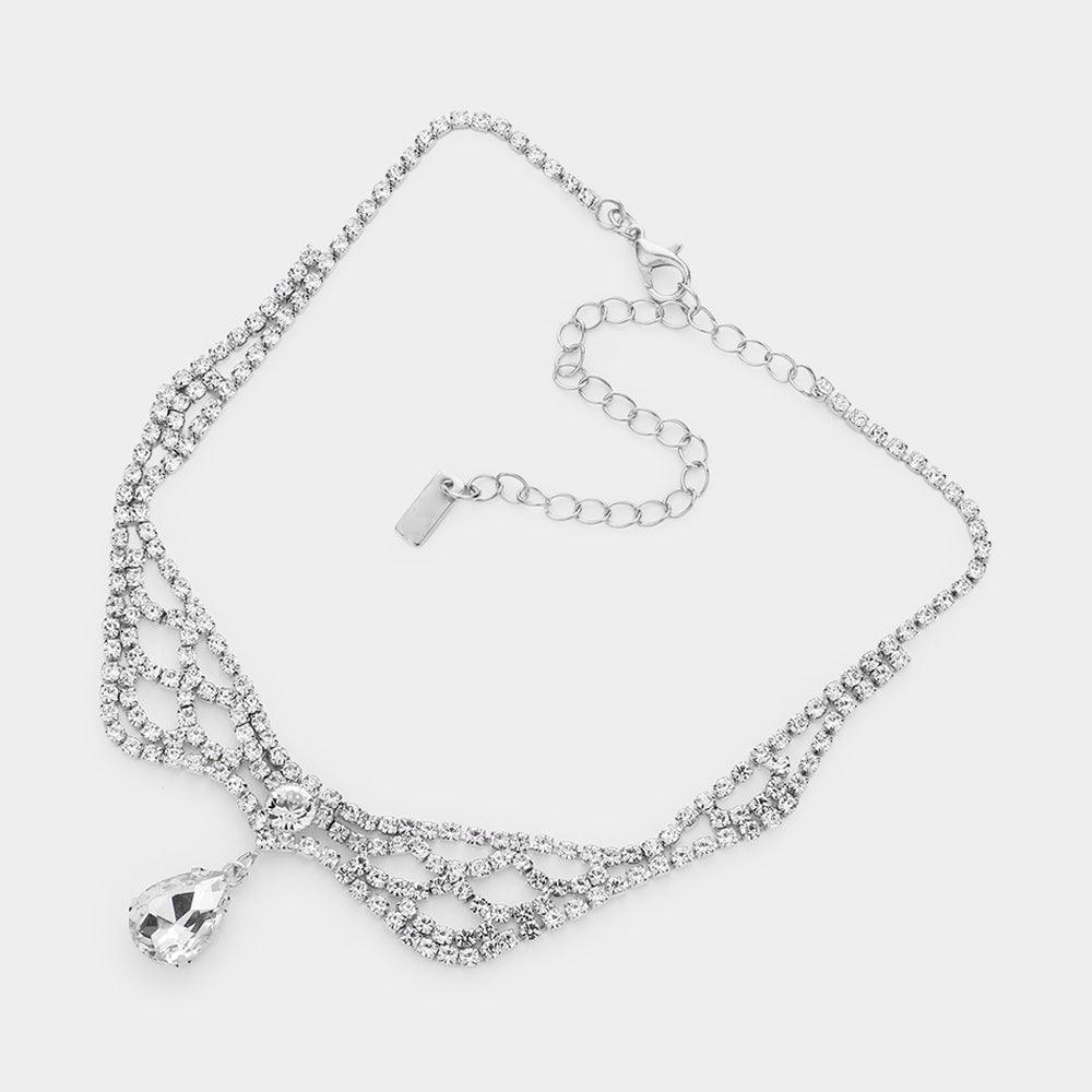 Silver Teardrop Stone Dangle Rhinestone Choker Necklace - Jewelry Store by Erik Rayo