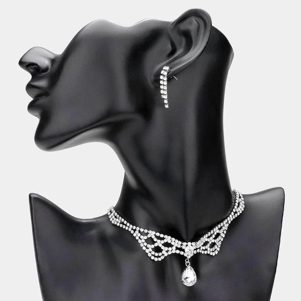 Silver Teardrop Stone Dangle Rhinestone Choker Necklace - Jewelry Store by Erik Rayo