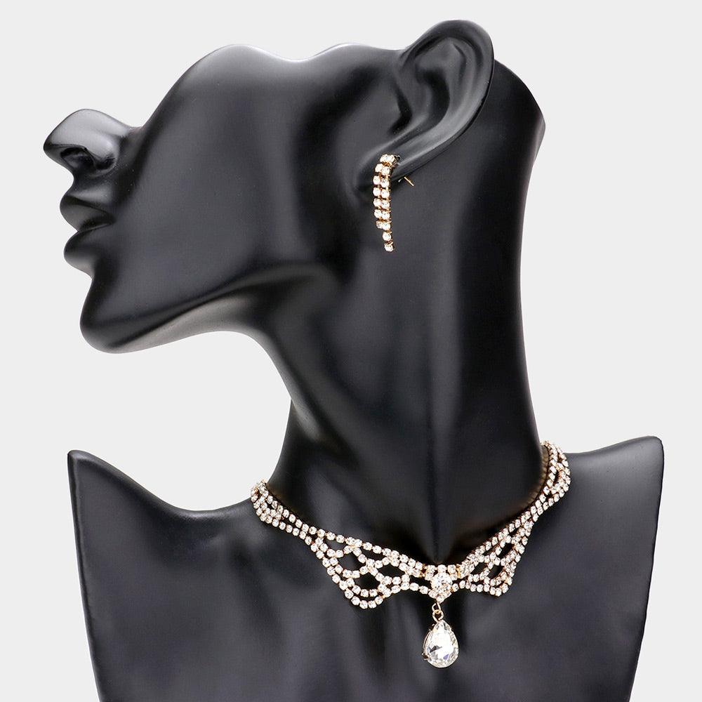 Gold Teardrop Stone Dangle Rhinestone Choker Necklace