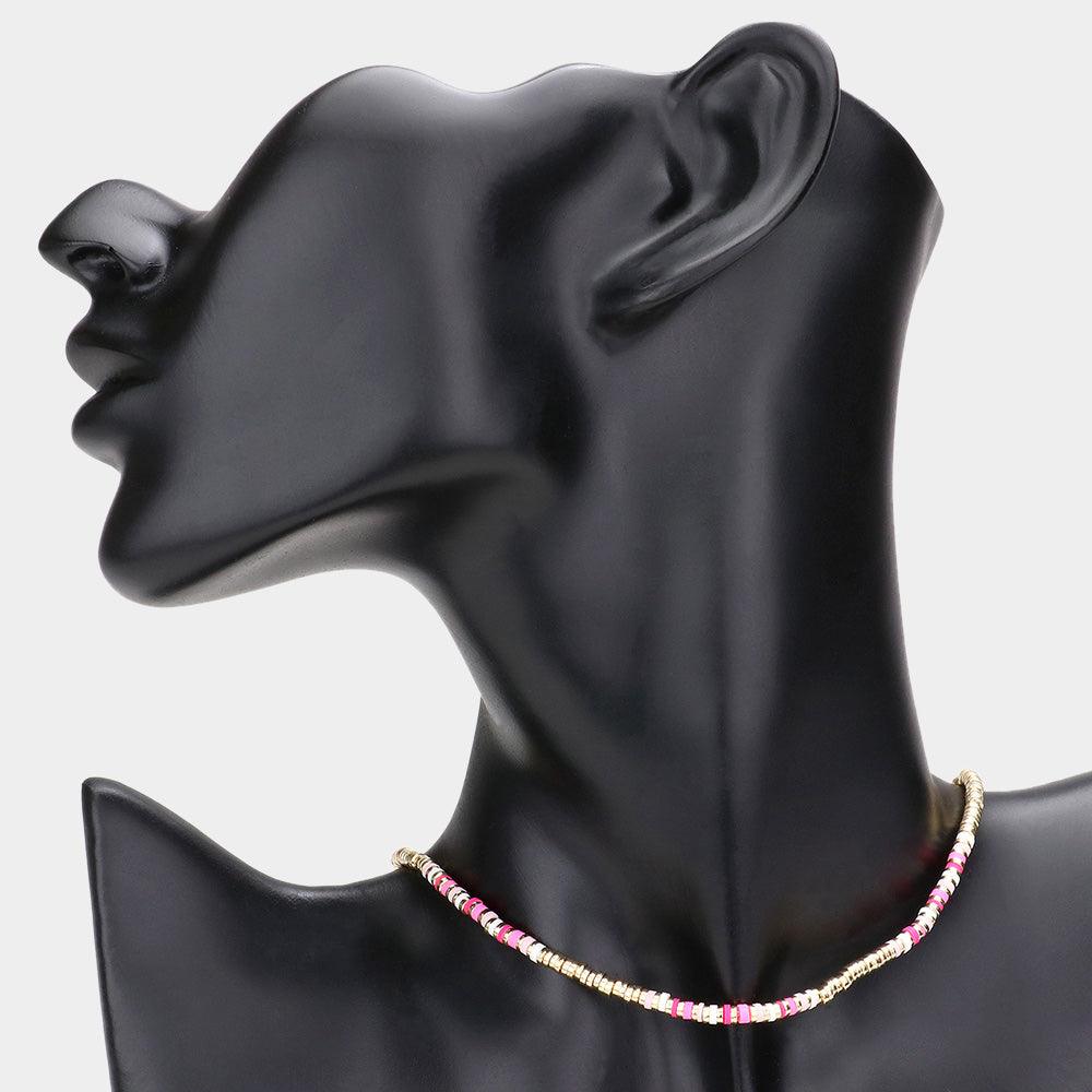 Pink Heishi Bead Accented Choker Necklace