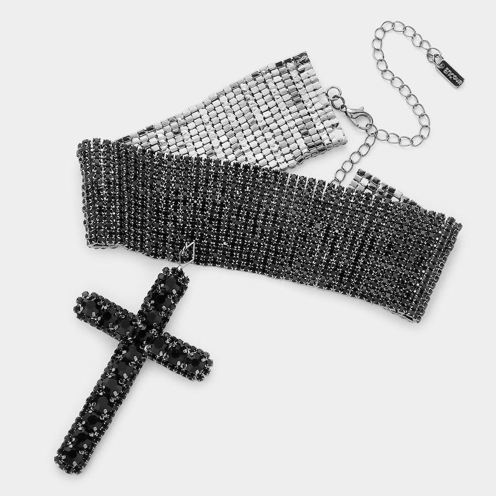 Black Bubble Stone Cross Pendant Evening Choker Necklace - Jewelry Store by Erik Rayo