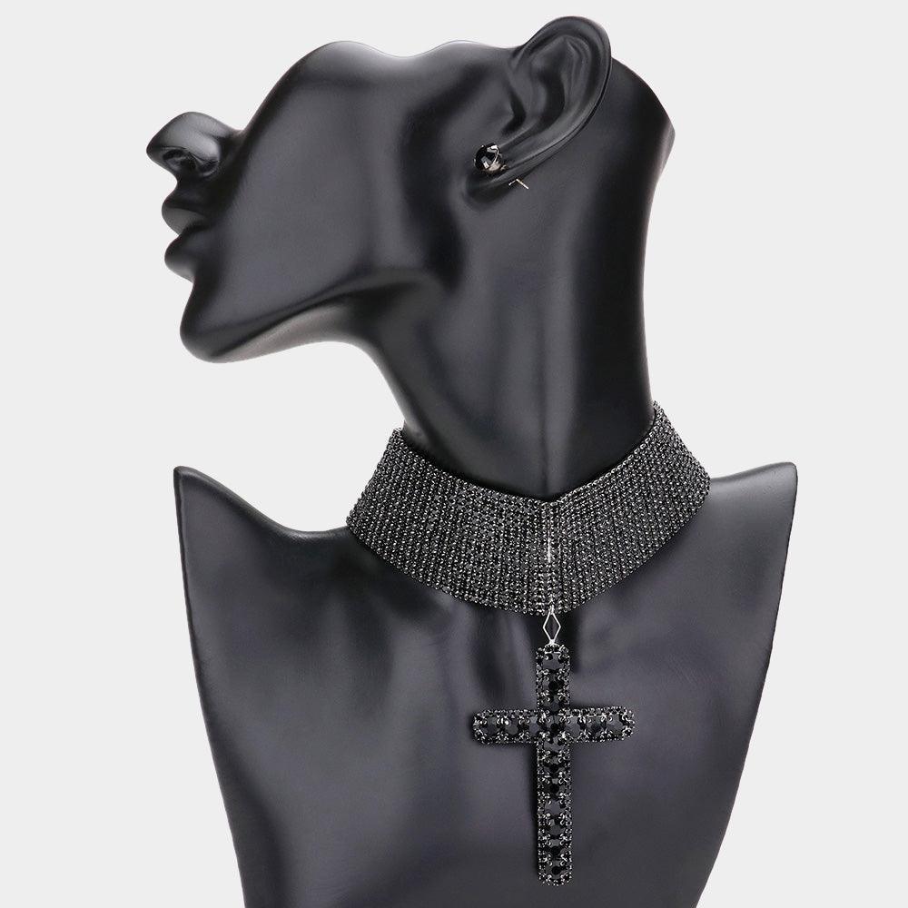 Black Bubble Stone Cross Pendant Evening Choker Necklace - Jewelry Store by Erik Rayo