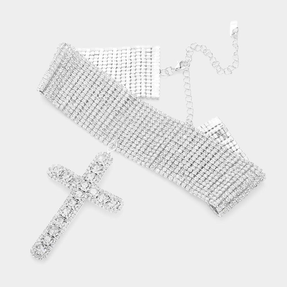 Silver Bubble Stone Cross Pendant Evening Choker Necklace - Jewelry Store by Erik Rayo