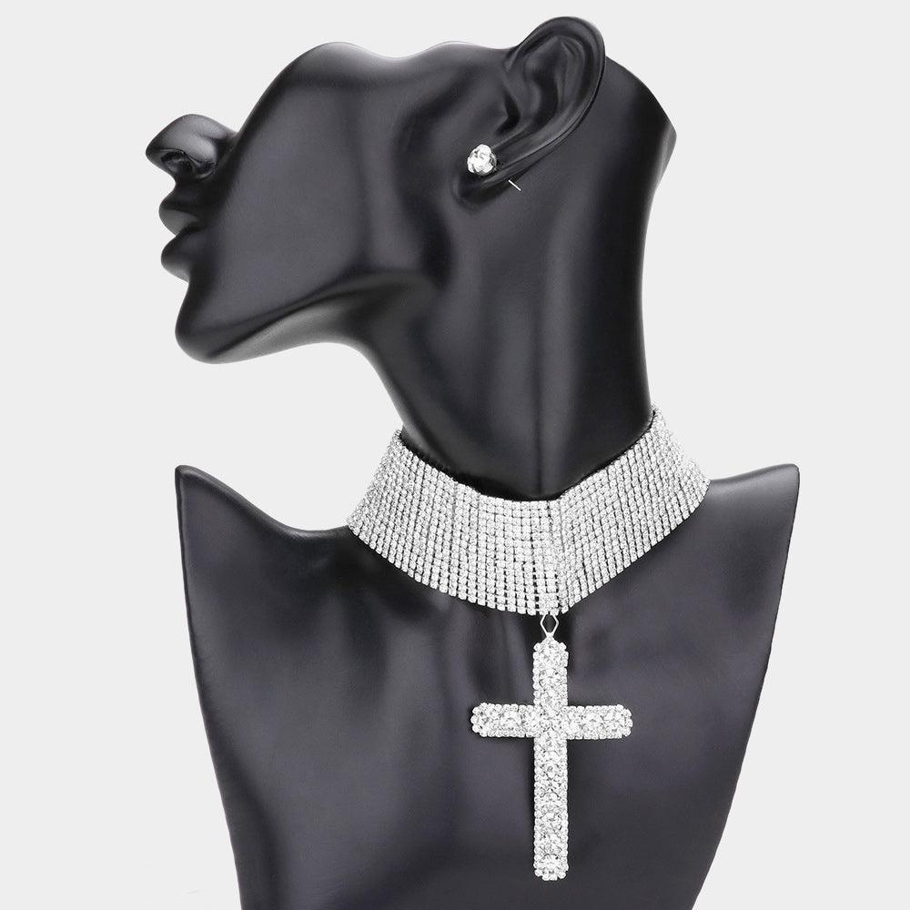 Silver Bubble Stone Cross Pendant Evening Choker Necklace - Jewelry Store by Erik Rayo
