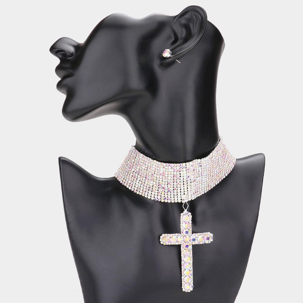 Silver Bubble Stone Cross Pendant Evening Choker Necklace - Jewelry Store by Erik Rayo