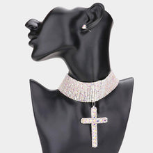 Load image into Gallery viewer, Silver Bubble Stone Cross Pendant Evening Choker Necklace
