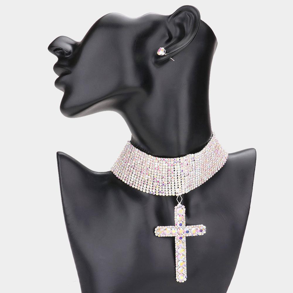 Silver Bubble Stone Cross Pendant Evening Choker Necklace