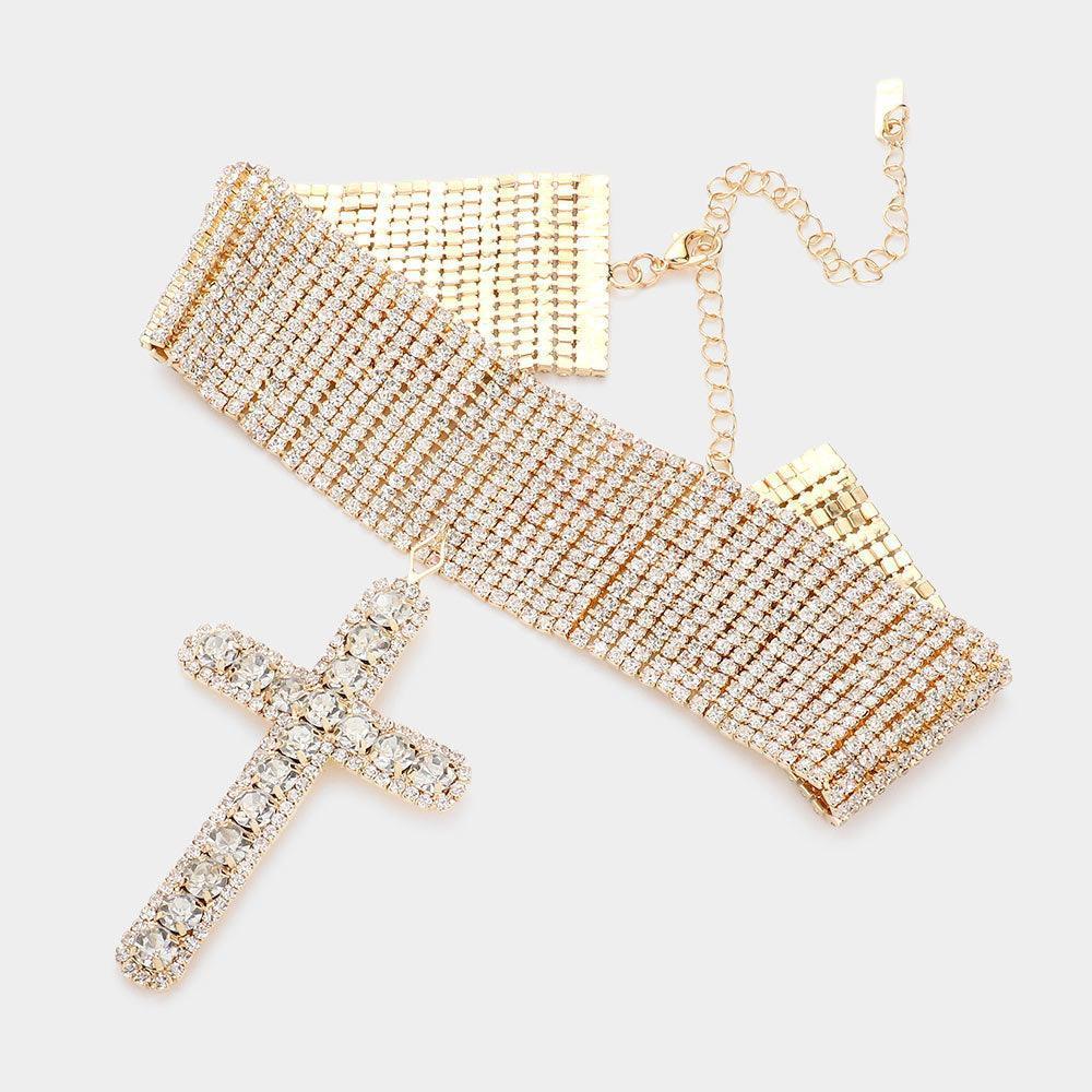 Gold Bubble Stone Cross Pendant Evening Choker Necklace - Jewelry Store by Erik Rayo