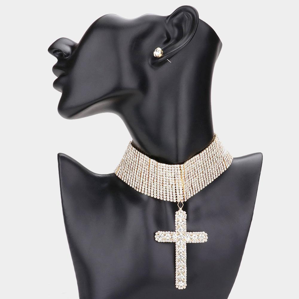 Gold Bubble Stone Cross Pendant Evening Choker Necklace - Jewelry Store by Erik Rayo