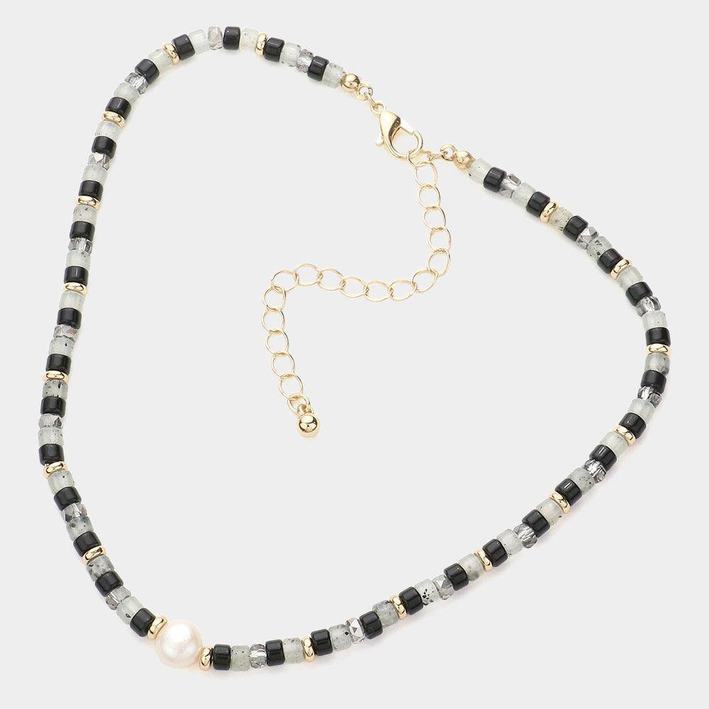 Gold Round Pearl Accented Metal Faceted Beaded Choker Necklace - Jewelry Store by Erik Rayo