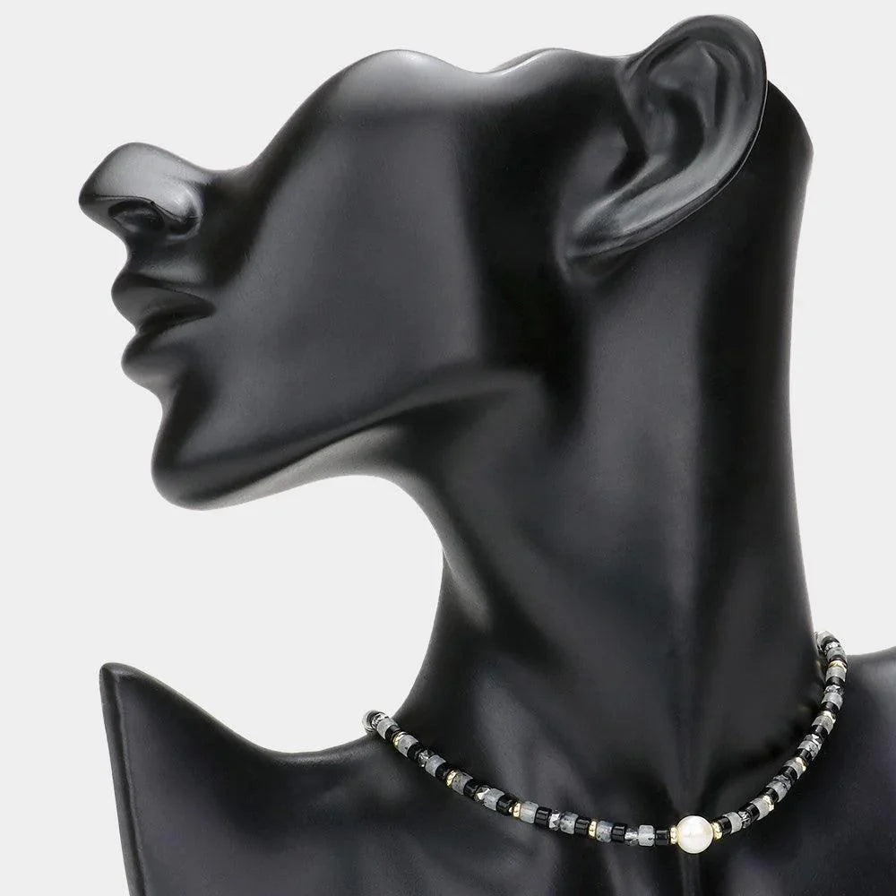 Gold Round Pearl Accented Metal Faceted Beaded Choker Necklace - Jewelry Store by Erik Rayo