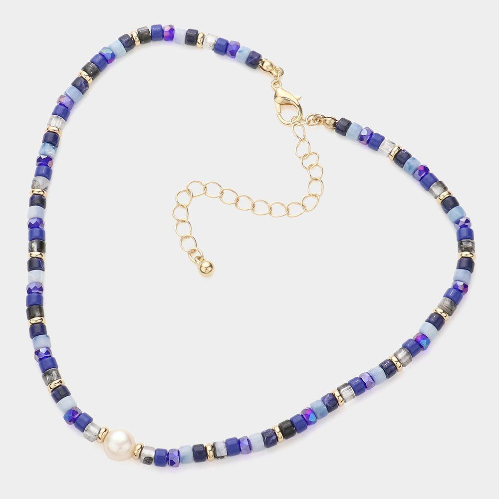 Gold Round Pearl Accented Metal Faceted Beaded Choker Necklace - Jewelry Store by Erik Rayo