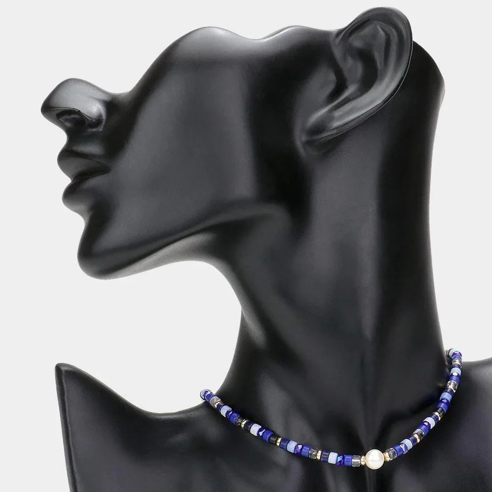 Gold Round Pearl Accented Metal Faceted Beaded Choker Necklace - Jewelry Store by Erik Rayo