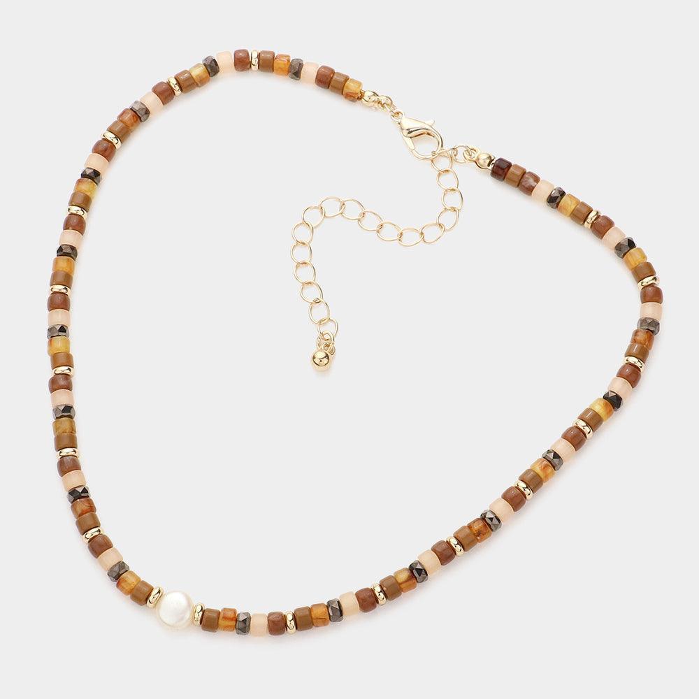 Brown Round Pearl Accented Metal Faceted Beaded Choker Necklace - Jewelry Store by Erik Rayo