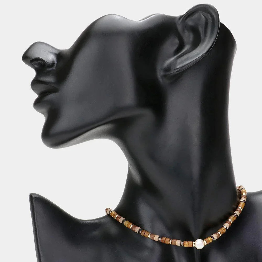 Brown Round Pearl Accented Metal Faceted Beaded Choker Necklace - Jewelry Store by Erik Rayo