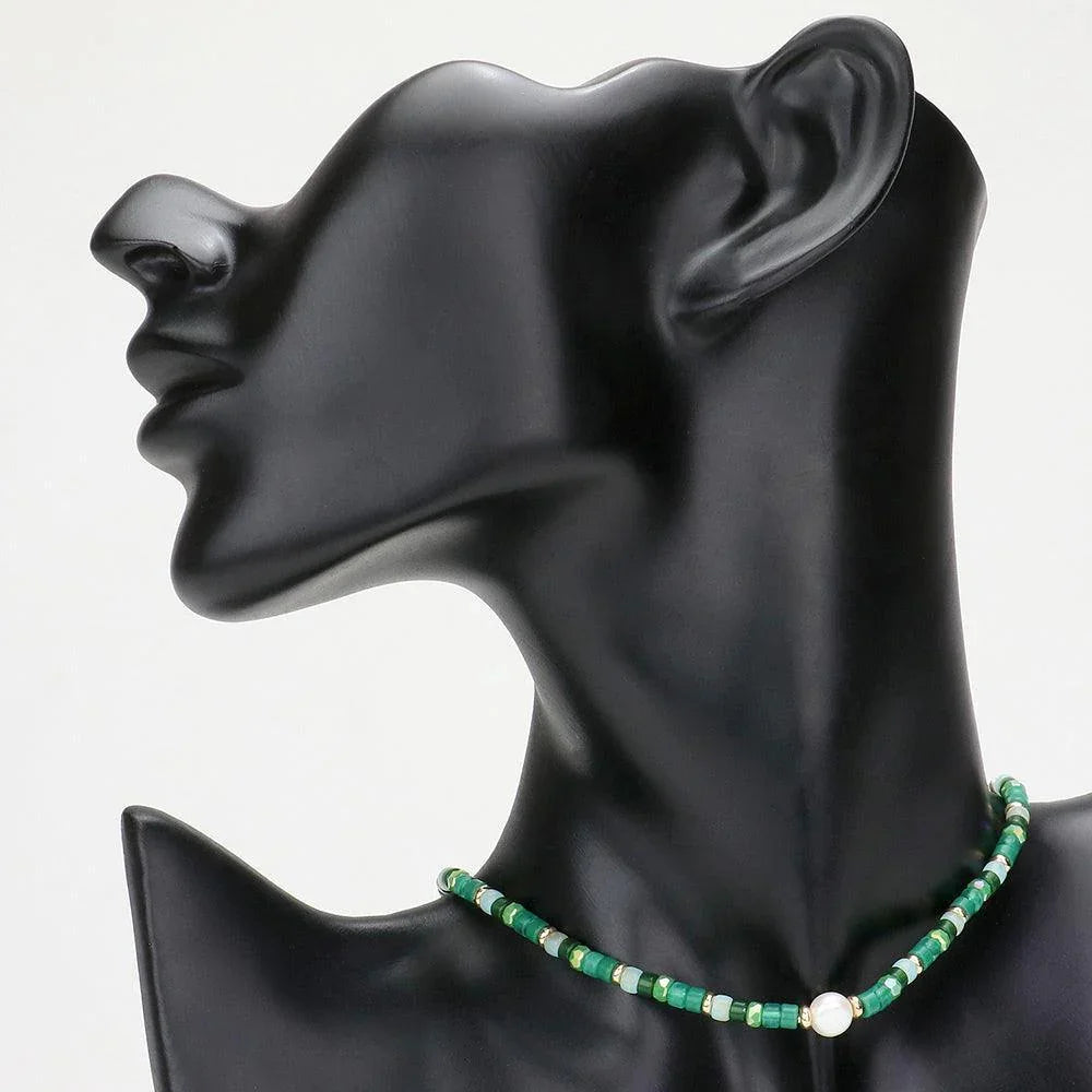 Gold Round Pearl Accented Metal Faceted Beaded Choker Necklace - Jewelry Store by Erik Rayo