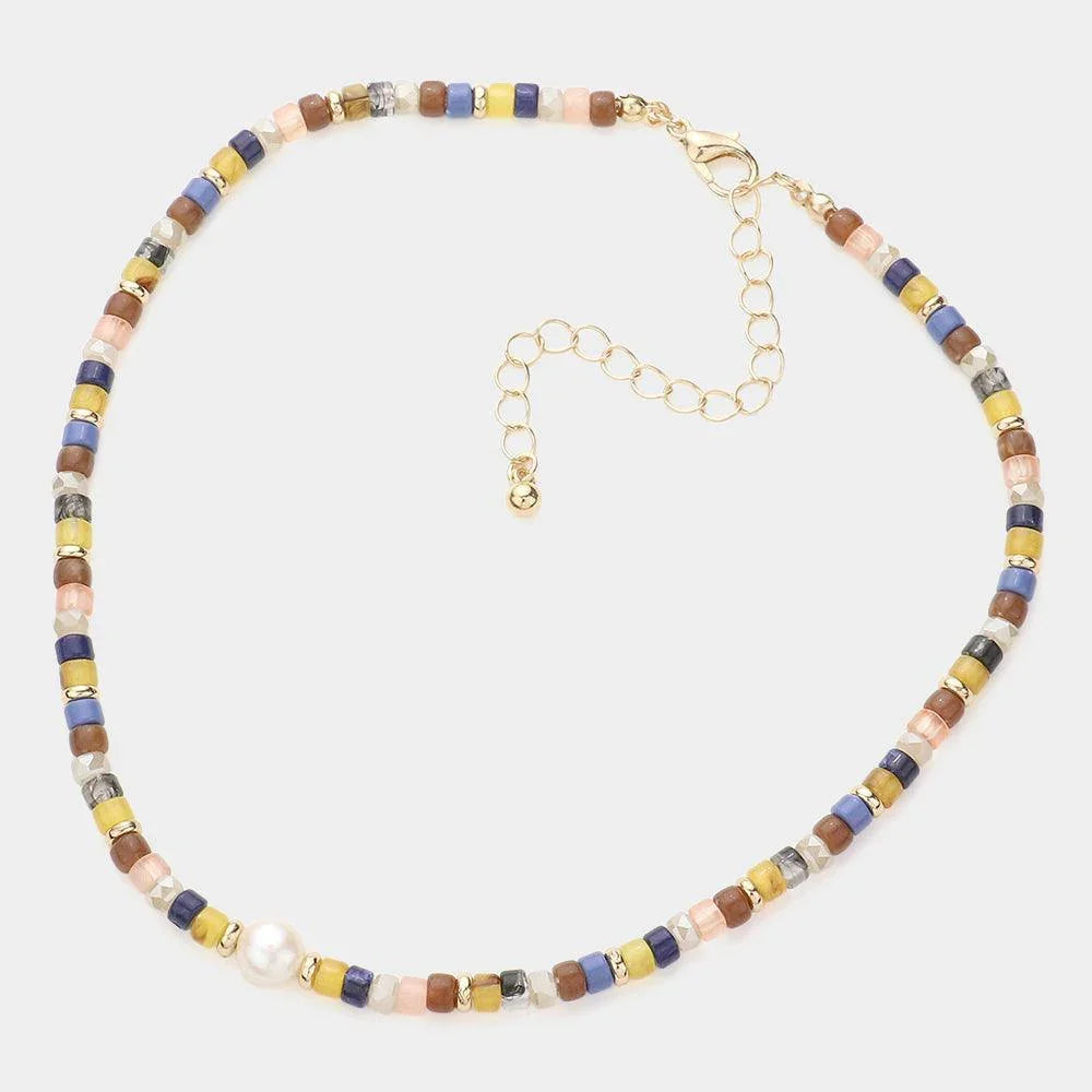 Gold Round Pearl Accented Metal Faceted Beaded Choker Necklace - Jewelry Store by Erik Rayo